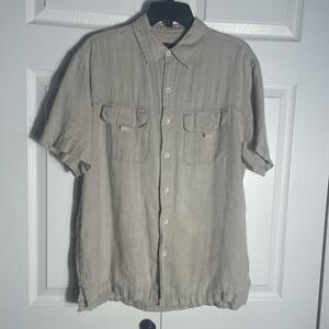 Vintage Y2K Weekendz Off 100% Linen Shirt Men M Beige Short Sleeve Button Up